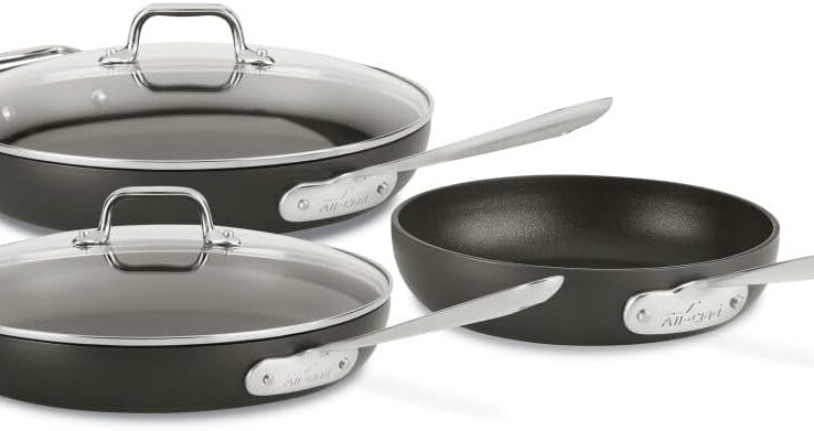 All-Clad HA1 Hard Anodized Non Stick Fry Pan Set 3 Piece, 8, 10, 12 Inch Frying Pans w/ Lid, Induction, Oven Broiler Safe 500F, Lid Safe 350F, Skillets, Pots and Pans Set Non Stick, Cookware, Black