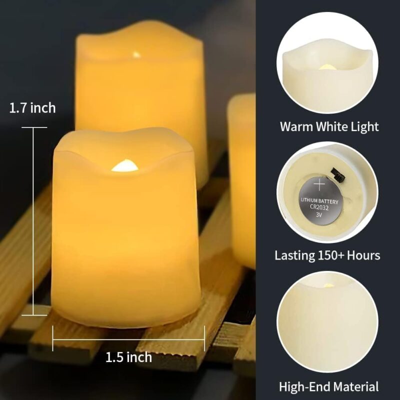 SHYMERY Flameless Votive Candles,Flameless Flickering Electric Fake Candle,24 Pack 200+Hour Battery Operated LED Tea Lights in Warm White for Wedding, Table, Halloween,Christmas Decorations 1.5"X1.7" - Image 4