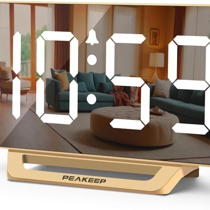 Peakeep Slim Digital Mirror Clock, Aesthetic Alarm Clock for Desk - Plug in Electric Clock Big LED Modern Decorative Small Table Clock for Office Living Room, Battery Backup, 6 Dimmers (Gold)