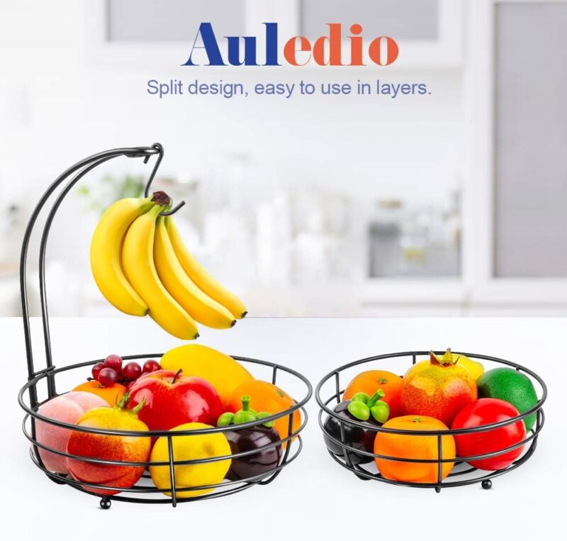 Auledio Iron 2-Tier Countertop Fruit Vegetables Basket Bowl Storage With Banana Hanger, Black, 64 ounces - Image 3