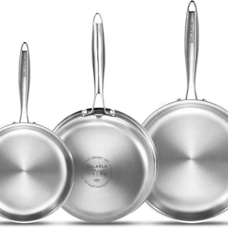 DELARLO Whole Body Tri-Ply Stainless Steel Frying Pan set, 8”/10”/12” Cooking pans, Kitchen Cookware Set, Fast Heating Chef's pan with Ergonomic Handles, Suitable for All Stove