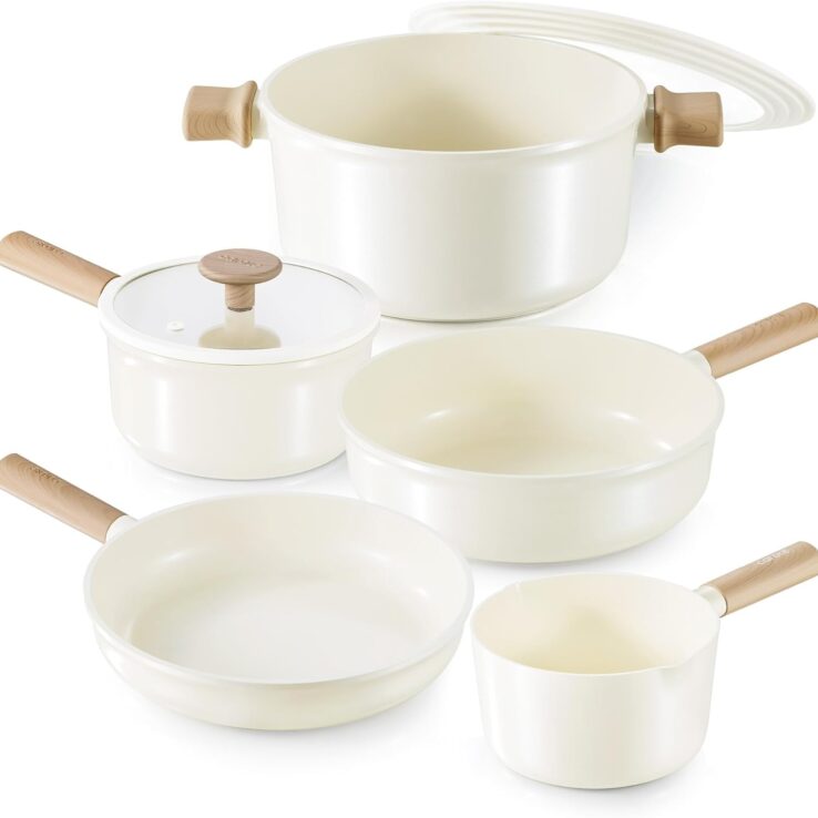 CAROTE Ceramic Pots and Pans Set Non Stick, Non-Toxic Cookwares, Healthy Ceramic Cookware Set 7Pcs，PFAS/PFOA Free，Kitchen Induction Cooking Sets Dishwasher Safe, Cream White