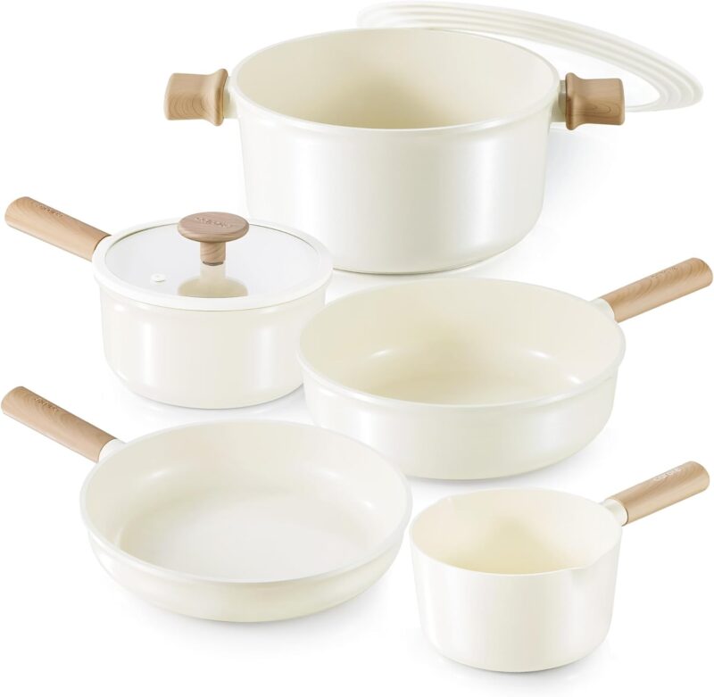CAROTE Ceramic Pots and Pans Set Non Stick, Non-Toxic Cookwares, Healthy Ceramic Cookware Set 7Pcs，PFAS/PFOA Free，Kitchen Induction Cooking Sets Dishwasher Safe, Cream White