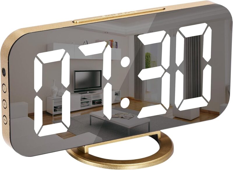 SZELAM Digital Alarm Clock,LED and Mirror Desk Clock Large Display,with Dual USB Charger Ports,3 Levels Brightness,12/24H,Modern Electronic Clock for Bedroom Home Living Room Office - Gold - Image 8