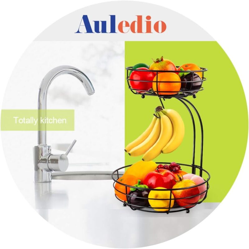 Auledio Iron 2-Tier Countertop Fruit Vegetables Basket Bowl Storage With Banana Hanger, Black, 64 ounces - Image 2
