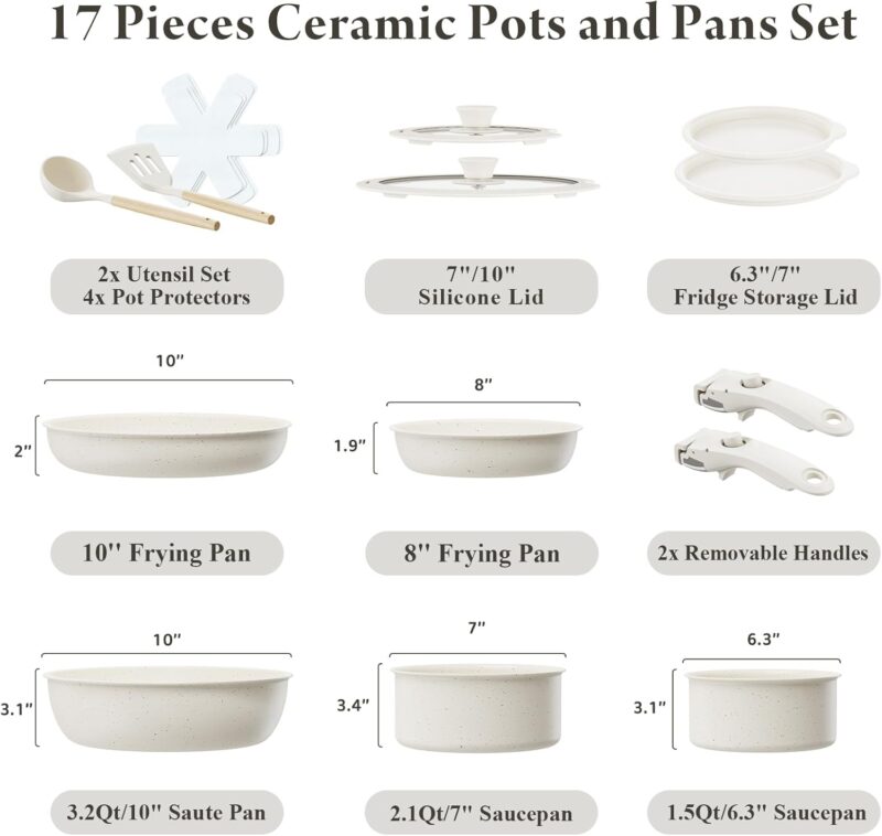 Ceramic Nonstick Cookware Set, Healthy,Non Toxic,17-Pieces Pots and Pans Set Removable Handles,Induction RV Kitchen Set,Stain & Scratch-resistant,Dishwasher/Oven Safe,PFAS/PFOA Free,Cream White - Image 2