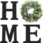Wood Home Sign with Artificial Eucalyptus Wreath for O, Hanging Farmhouse Wall House Decor Wood Home Letters for Wall Art Rustic Home Decor, Home Wall Decor for Living Room Kitchen Entryway (Black)