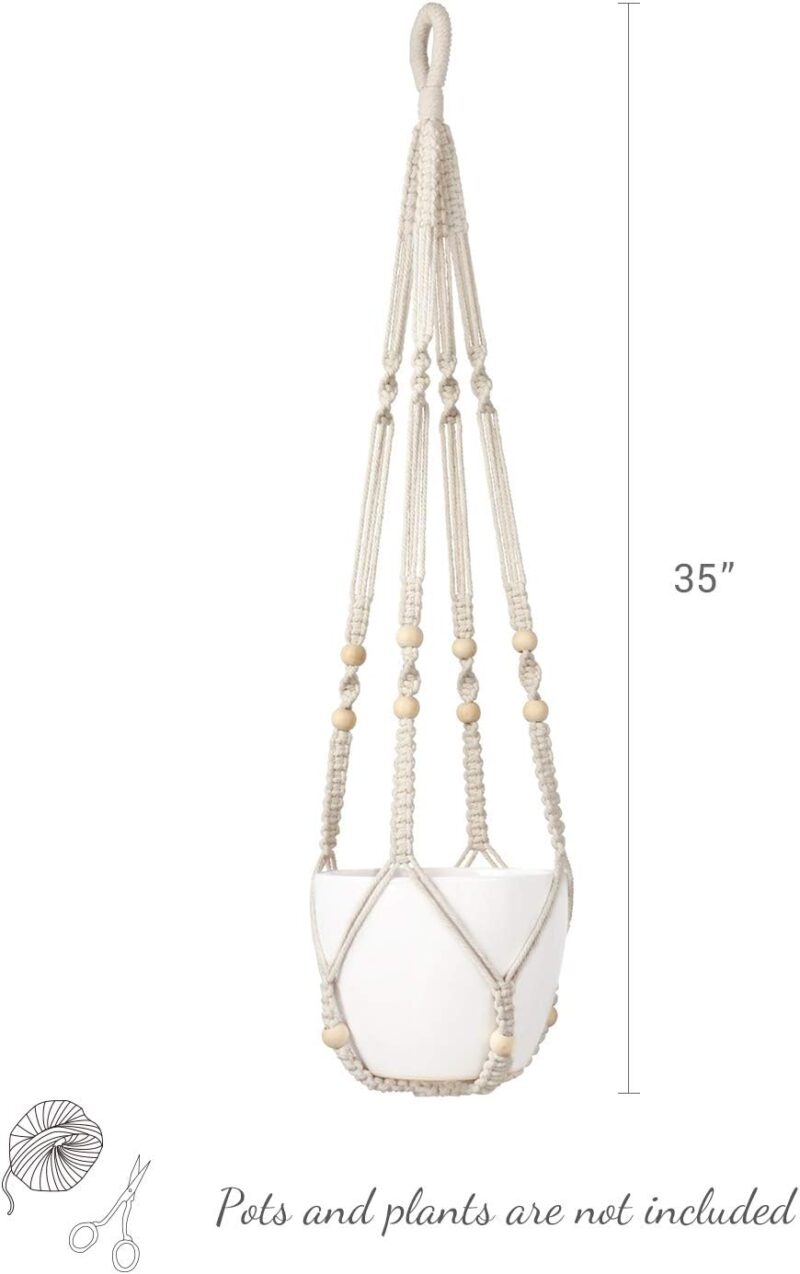 Mkono Macrame Plant Hanger Indoor Hanging Planter Basket with Wood Beads Decorative Flower Pot Holder No Tassels for Indoor Outdoor Boho Home Decor 35 Inch, Ivory, Set of 1 (POTS NOT Included) - Image 6