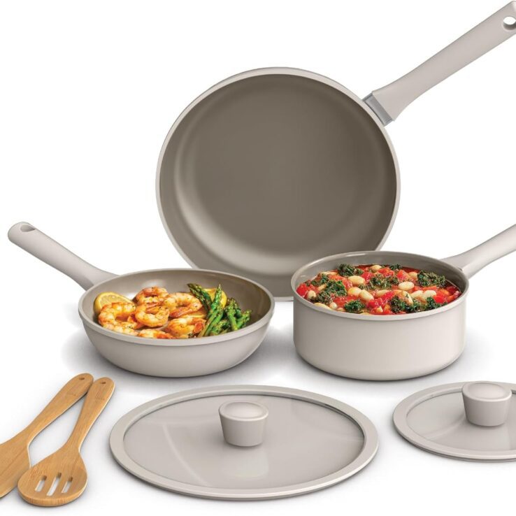 bella 7 Piece Cookware Set with EverGood™ Ceramic Nonstick Coating​, Dishwasher Safe Oven Safe, All Stovetops Compatible, Glass Lids with Silicone Rims, Cool Touch Handles, Oatmilk