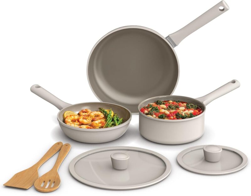 bella 7 Piece Cookware Set with EverGood™ Ceramic Nonstick Coating​, Dishwasher Safe Oven Safe, All Stovetops Compatible, Glass Lids with Silicone Rims, Cool Touch Handles, Oatmilk