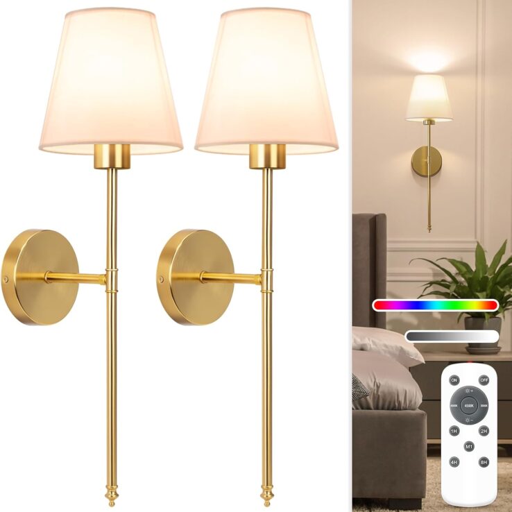 NIORSUN Battery Operated Wall Sconce Set of 2,Gold Rechargeable Wall Lights with 5200mAh Dimmable Bulbs and Remote,10 Colors Wireless Wall Lamps for Bedroom Living Room Hallway Decor