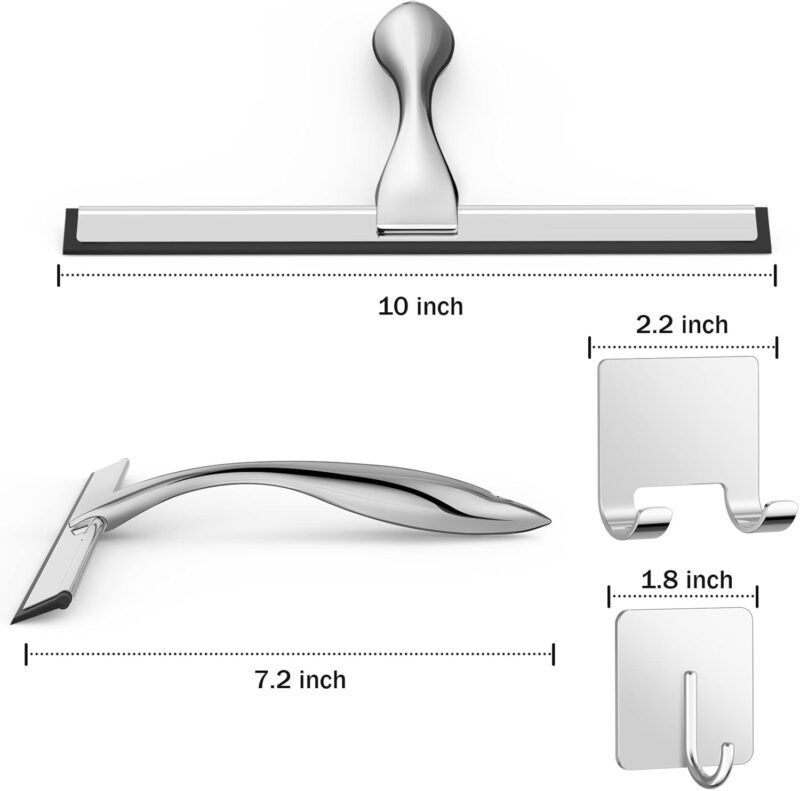 All-Purpose Stainless Steel Shower Squeegee for Shower Glass Door with 2 Adhesive Hooks, Bathroom Cleaner Tool Household Window Mirror Squeegee , Cleaning Tile Wall, Car, 10 Inch Silver - Image 2