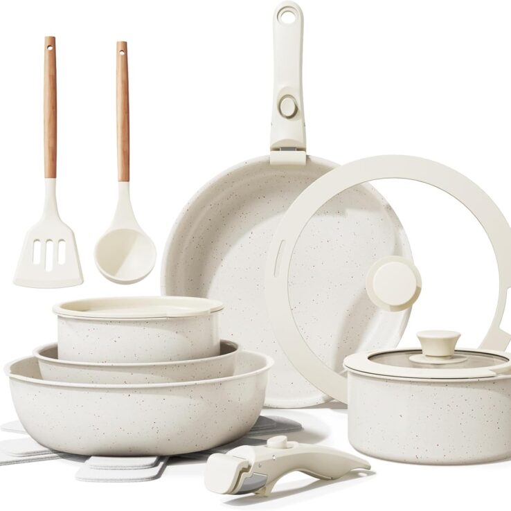 Ceramic Nonstick Cookware Set, Healthy,Non Toxic,17-Pieces Pots and Pans Set Removable Handles,Induction RV Kitchen Set,Stain & Scratch-resistant,Dishwasher/Oven Safe,PFAS/PFOA Free,Cream White