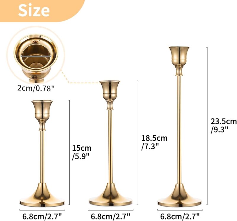 Candlestick Holders Taper Candle Holders, Set of 3 Candle Stick Holders Set, Brass Gold Candlestick Holder Set, Vintage Modern Decorative Centerpiece for Table Mantel Wedding Housewarming Gift - Image 5