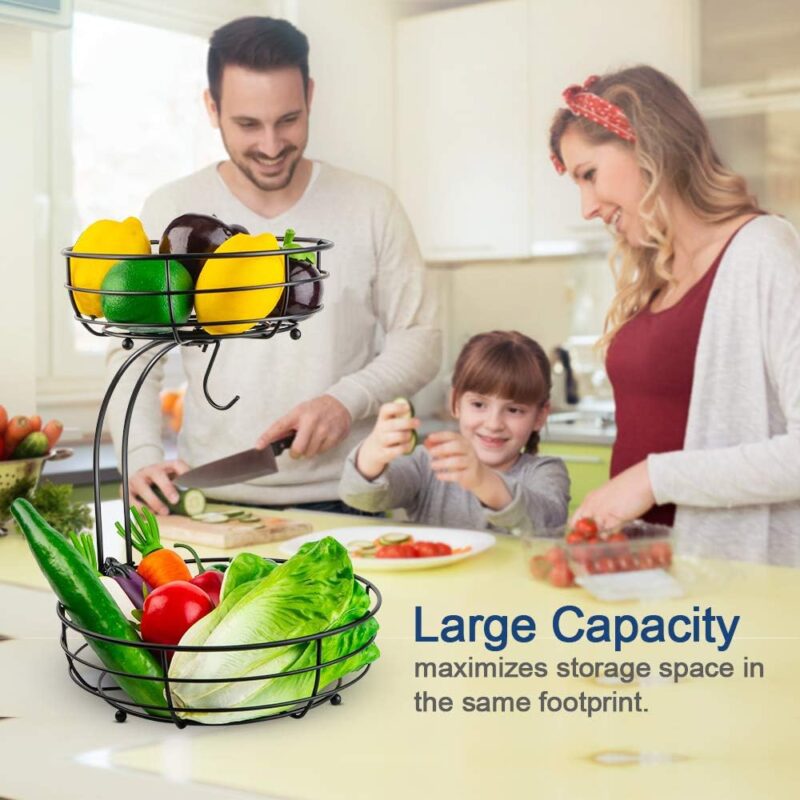 Auledio Iron 2-Tier Countertop Fruit Vegetables Basket Bowl Storage With Banana Hanger, Black, 64 ounces - Image 4