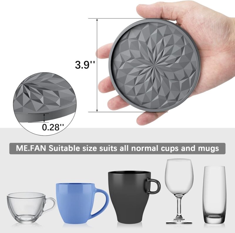 ME.FAN Silicone Coasters [6 Pack] Coasters with Holder - Drinking Coasters - Cup Mat for Drinks - Live for Hot or Cold Drink Thickened, Non-Slip, Non-Stick, Deep Tray Black - Image 3