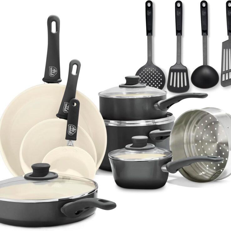 GreenLife Soft Grip 16 Piece Cookware Set, Non-Toxic PFAS-Free Ceramic Nonstick, Frying, Sauce, Saute, Utensils, Glass Lids, Stay-Cool Handles, Wobble Free, Dishwasher & Oven Safe, Black and Cream
