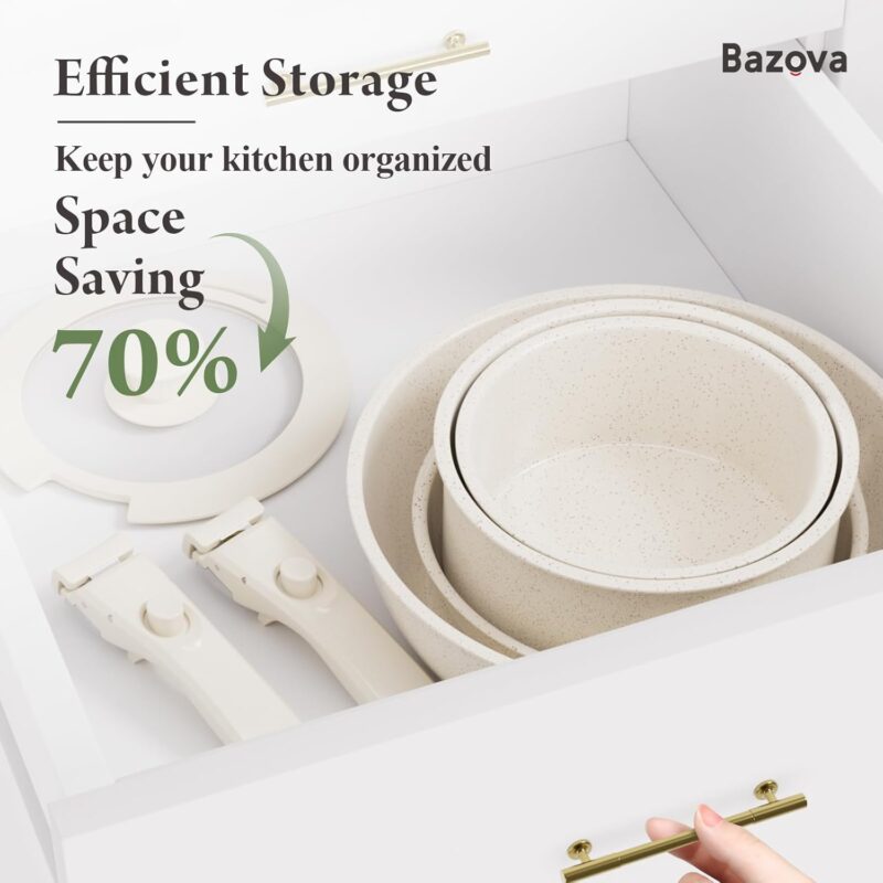 Ceramic Nonstick Cookware Set, Healthy,Non Toxic,17-Pieces Pots and Pans Set Removable Handles,Induction RV Kitchen Set,Stain & Scratch-resistant,Dishwasher/Oven Safe,PFAS/PFOA Free,Cream White - Image 3