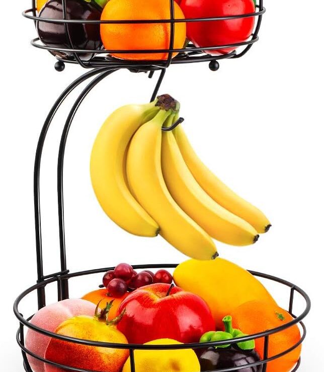 Auledio Iron 2-Tier Countertop Fruit Vegetables Basket Bowl Storage With Banana Hanger, Black, 64 ounces