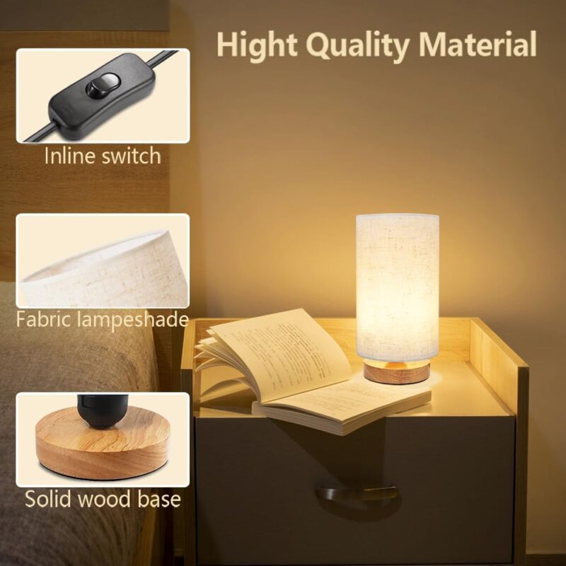 Small Bedside Table Lamp for Bedroom, Minimalist Wood Base & Round Fabric Shade, Mini Cute Cozy Warm White Nightstand Boho Lamp, Study Desk Night Stand Light for Room, Dorm, Nursery, Living Room - Image 6