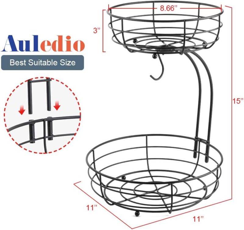 Auledio Iron 2-Tier Countertop Fruit Vegetables Basket Bowl Storage With Banana Hanger, Black, 64 ounces - Image 5