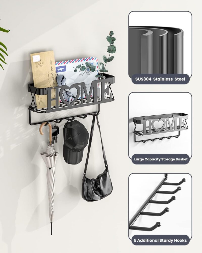 Key Holder for Wall - Key Rack with 5 Key Hooks, 11.02" L×2.75" W×4.92" H, Key and Mail Organizer Wall Mount with Mesh Basket, Key Hanger for Wall, Entryway, Home Decor(Matte Black) - Image 4