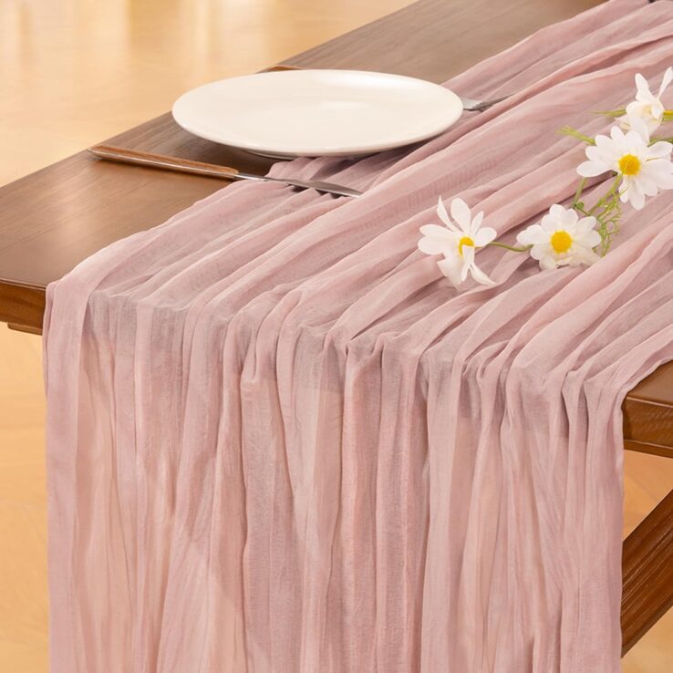 Socomi Pink Easter Cheesecloth Table Runner Boho Rustic Gauze Dusty Pink Spring 120 inch 10FT Cheese Cloth Runner for Wedding Party Baby Shower Birthday Home Decor