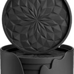 ME.FAN Silicone Coasters [6 Pack] Coasters with Holder - Drinking Coasters - Cup Mat for Drinks - Live for Hot or Cold Drink Thickened, Non-Slip, Non-Stick, Deep Tray Black