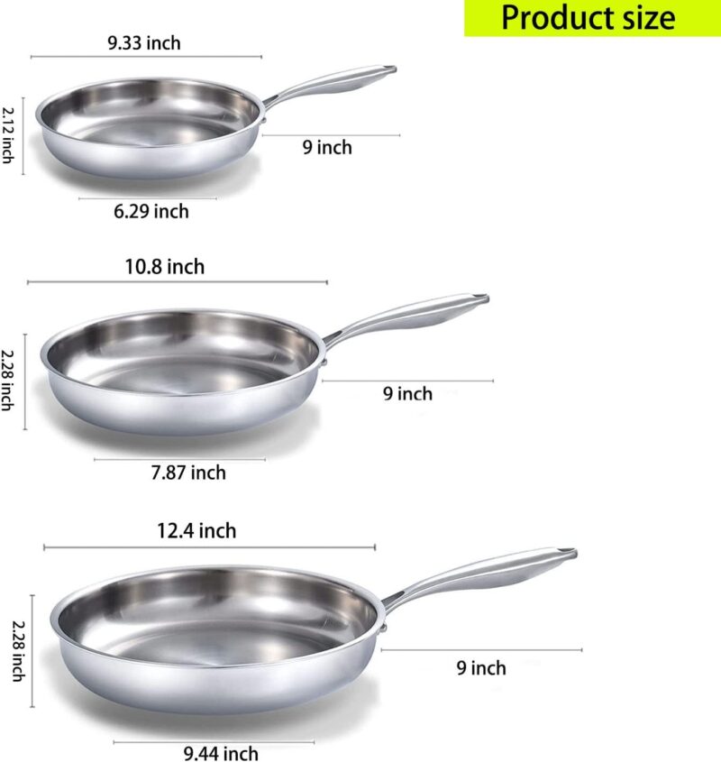 DELARLO Whole Body Tri-Ply Stainless Steel Frying Pan set, 8”/10”/12” Cooking pans, Kitchen Cookware Set, Fast Heating Chef's pan with Ergonomic Handles, Suitable for All Stove - Image 4