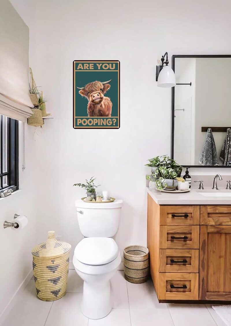 Vintage Highland Cow Tin Sign: Funny "Are You Pooping?" Bathroom Wall Decor for Western & Highland Cow Lovers 8 x 12 Inch (3039) - Image 3