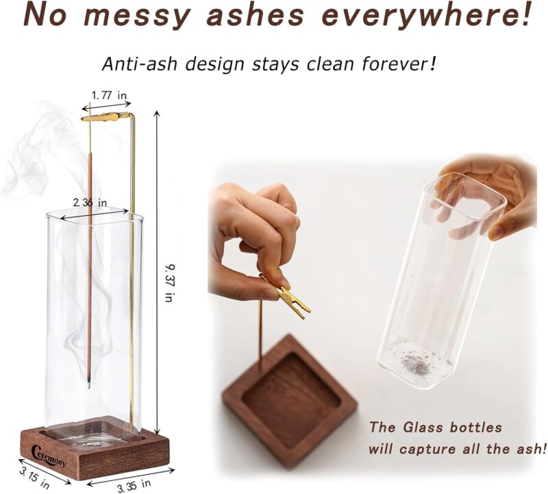 Incense Holder, Wooden Incense Holder for Sticks with Glass Ash Catcher, Anti-ash Incense Burner with 20 Incense Sticks and a Ash Brush for Meditation Yoga Spa Room Decor - Image 2