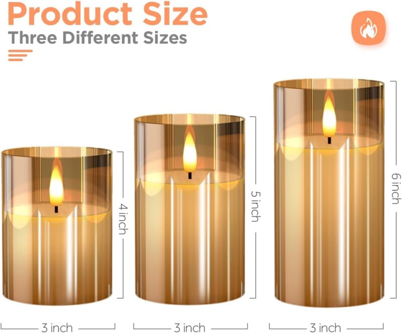 Glass Battery Operated LED Flameless Candles with Remote and Timer, Real Wax Candles Warm Color Flickering Light for Festival Wedding Home Party Decor(Pack of 3)-Gold - Image 5