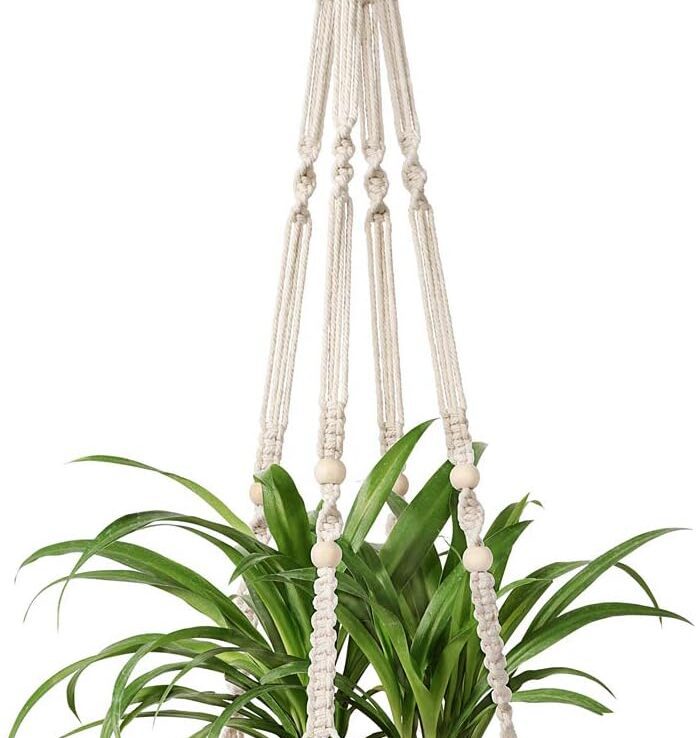 Mkono Macrame Plant Hanger Indoor Hanging Planter Basket with Wood Beads Decorative Flower Pot Holder No Tassels for Indoor Outdoor Boho Home Decor 35 Inch, Ivory, Set of 1 (POTS NOT Included)