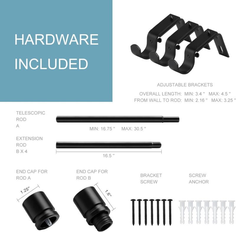 Curtain Rods for Windows 16 to 88 Inches Adjustable Length 1 Inch Diameter Window Curtain Rod with Aluminium Finials, Black - Image 4
