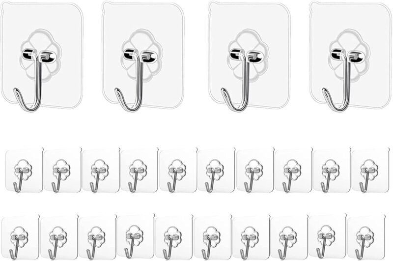 Adhesive Hooks Kitchen Wall Hooks - 24 Packs Heavy Duty 33lb(Max) Nail Free Sticky Hangers with Stainless Hooks Waterproof and Oilproof Reusable Utility Towel Bath Ceiling Hooks