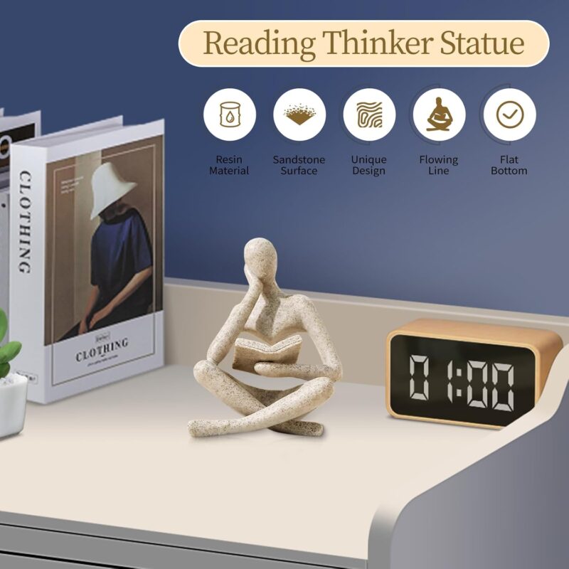 Bookshelf Decor Thinker Statue - Abstract Art Reading Thinker Sculpture Figurine Aesthetic, Modern Home Decoration for Living Room Office Shelves Coffee Table Desk Decor(Beige) - Image 3
