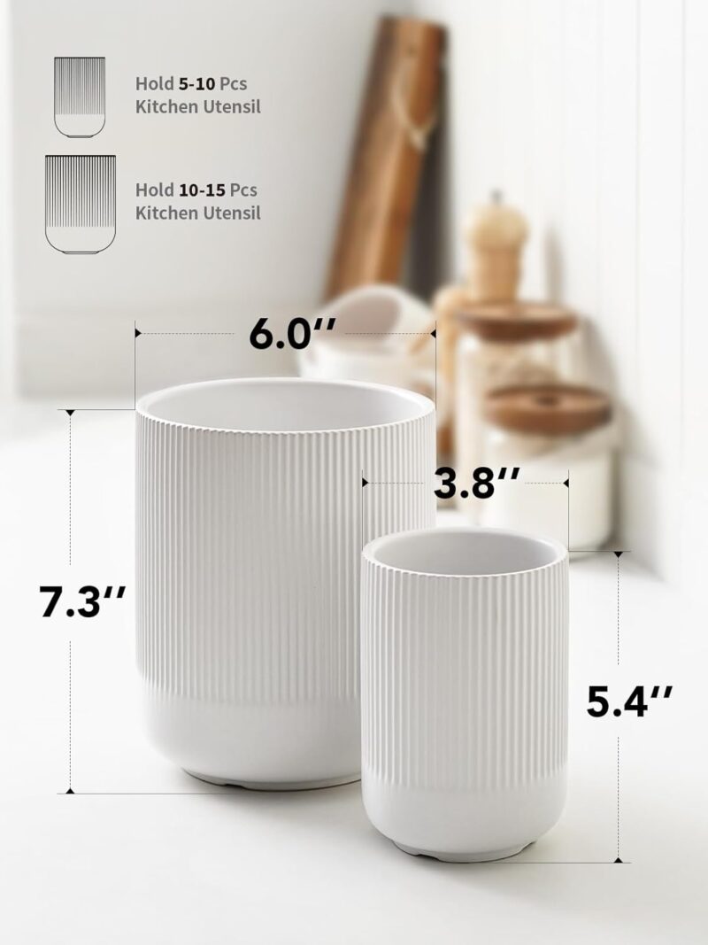 LE TAUCI Utensil Holder, 7.3"+5.4" Ceramic Kitchen Utensil Holder for Countertop, Large Cooking Utensil Crocks for Kitchen Counter, Morden Utensil Organizer for Spatula, Kitchen Decor, Set of 2, White - Image 6