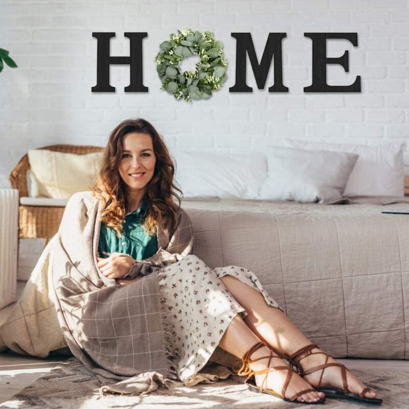 Wood Home Sign with Artificial Eucalyptus Wreath for O, Hanging Farmhouse Wall House Decor Wood Home Letters for Wall Art Rustic Home Decor, Home Wall Decor for Living Room Kitchen Entryway (Black) - Image 3
