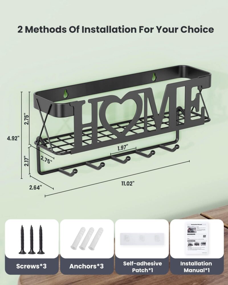 Key Holder for Wall - Key Rack with 5 Key Hooks, 11.02" L×2.75" W×4.92" H, Key and Mail Organizer Wall Mount with Mesh Basket, Key Hanger for Wall, Entryway, Home Decor(Matte Black) - Image 3