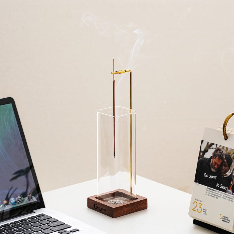 Incense Holder, Wooden Incense Holder for Sticks with Glass Ash Catcher, Anti-ash Incense Burner with 20 Incense Sticks and a Ash Brush for Meditation Yoga Spa Room Decor - Image 3