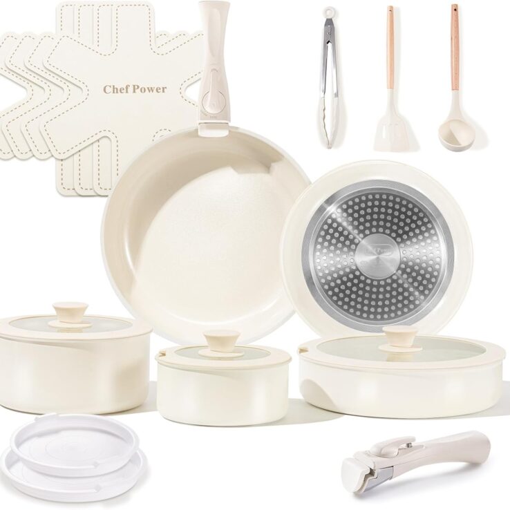 Chef Power Ceramic Cookware Set Non Toxic with Detachable Handles, Healthy Nonstick Pans and Pots Set 19 Pcs, Induction Dishwasher Oven Safe Kitchen Set, PFAS PFOA & PTFE Free, Cream White