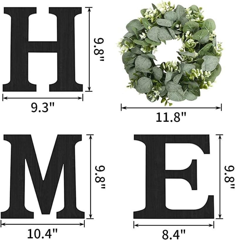Wood Home Sign with Artificial Eucalyptus Wreath for O, Hanging Farmhouse Wall House Decor Wood Home Letters for Wall Art Rustic Home Decor, Home Wall Decor for Living Room Kitchen Entryway (Black) - Image 5