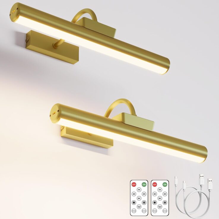Picture Light Battery Operated, 13in Wireless Art Light for Paintings, Dimmable 5000mAh Recharging Battery Picture Light with Remote Control for Wall, Gallery Dartboard Art Bedroom (Gold-2Pack)