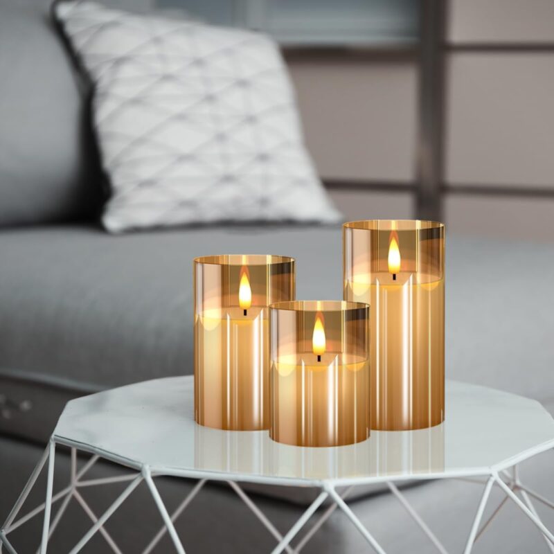 Glass Battery Operated LED Flameless Candles with Remote and Timer, Real Wax Candles Warm Color Flickering Light for Festival Wedding Home Party Decor(Pack of 3)-Gold - Image 4