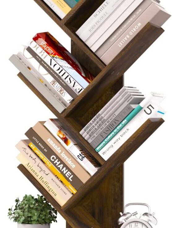 Yoobure Tree Bookshelf - 6 Shelf Retro Floor Standing Bookcase, Tall Wood Book Storage Rack for CDs/Movies/Books, Utility Organizer Shelves Bedroom, Living Room, Home Office, Rustic Brown