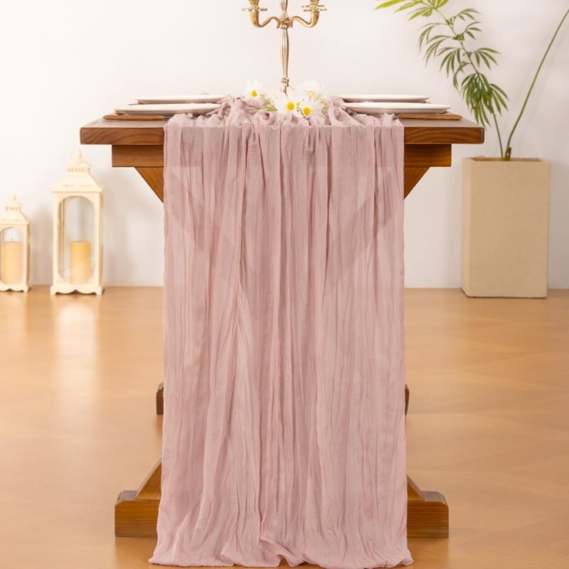 Socomi Pink Easter Cheesecloth Table Runner Boho Rustic Gauze Dusty Pink Spring 120 inch 10FT Cheese Cloth Runner for Wedding Party Baby Shower Birthday Home Decor - Image 3