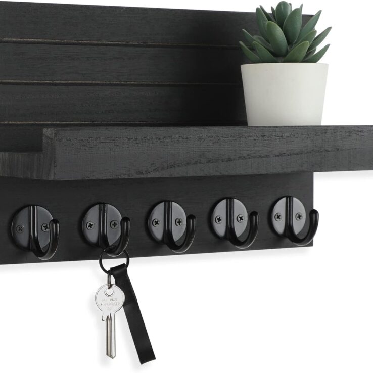 Key Holder for Wall, Decorative Key and Mail Holder with Shelf Has Large Hooks for Bags, Coats, Umbrella – Paulownia Wood Key Hanger with Mounting Hardware (9.8”W x 6.7”H x 4.2”D)