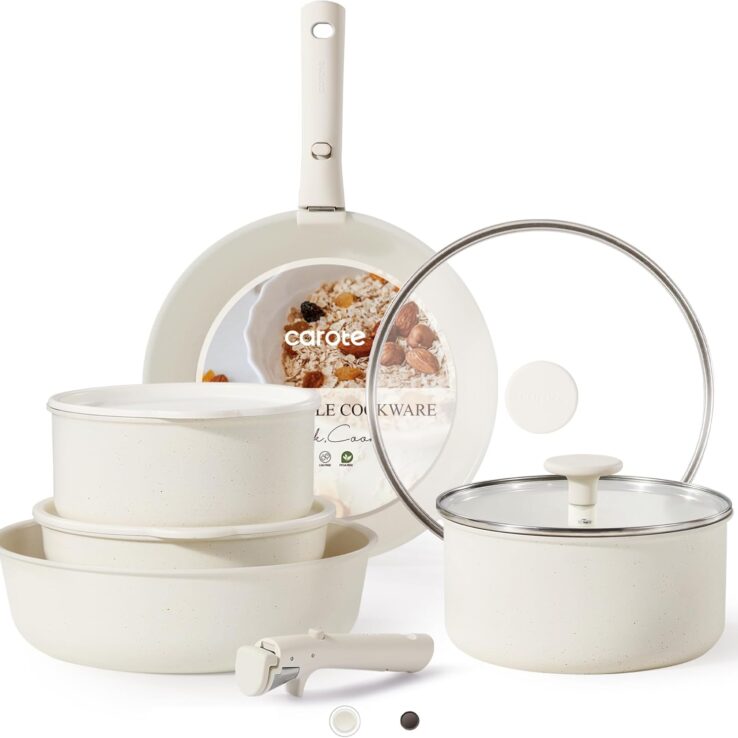 CAROTE 11pcs Pots and Pans Set, Nonstick Cookware Detachable/Removable Handle, Induction RV Kitchen Set, Oven Safe, Cream White