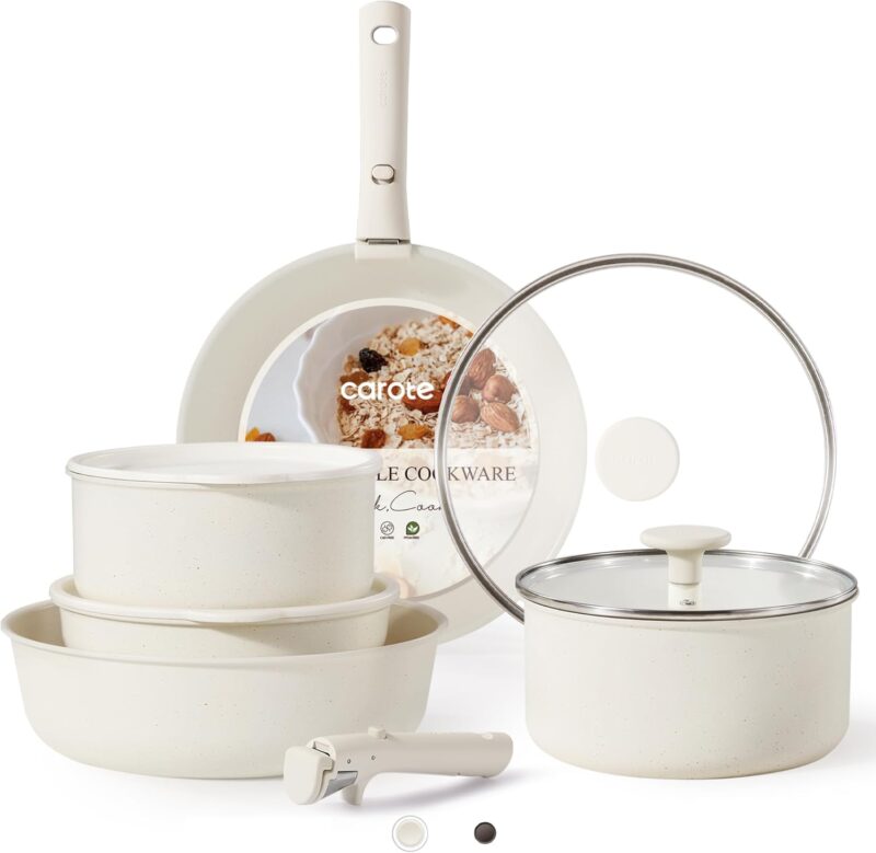 CAROTE 11pcs Pots and Pans Set, Nonstick Cookware Detachable/Removable Handle, Induction RV Kitchen Set, Oven Safe, Cream White
