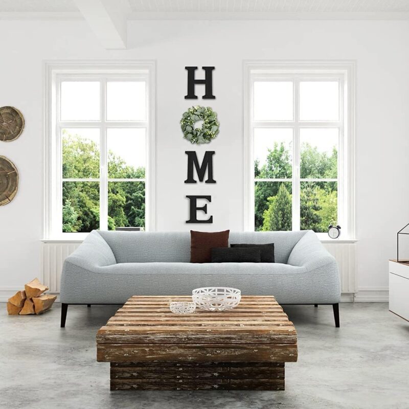 Wood Home Sign with Artificial Eucalyptus Wreath for O, Hanging Farmhouse Wall House Decor Wood Home Letters for Wall Art Rustic Home Decor, Home Wall Decor for Living Room Kitchen Entryway (Black) - Image 2